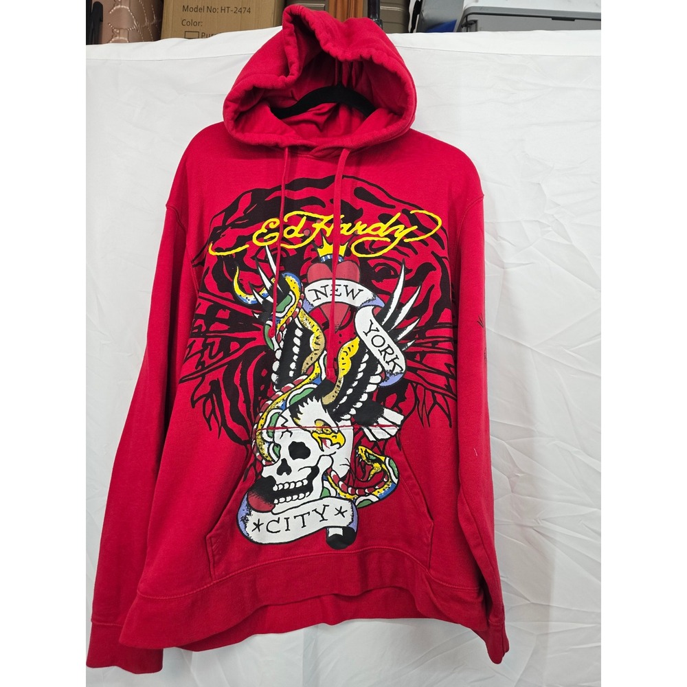 Ed Hardy Mens Red Tattoo Graphic Hoodie Skull Eagle New‎ York City XL HT-2474